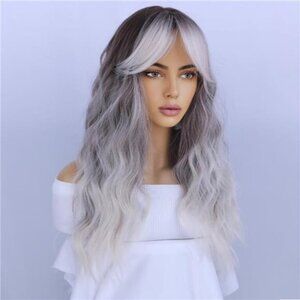 Platinum Blonde Wig Long Wavy Hair Wig With Bangs